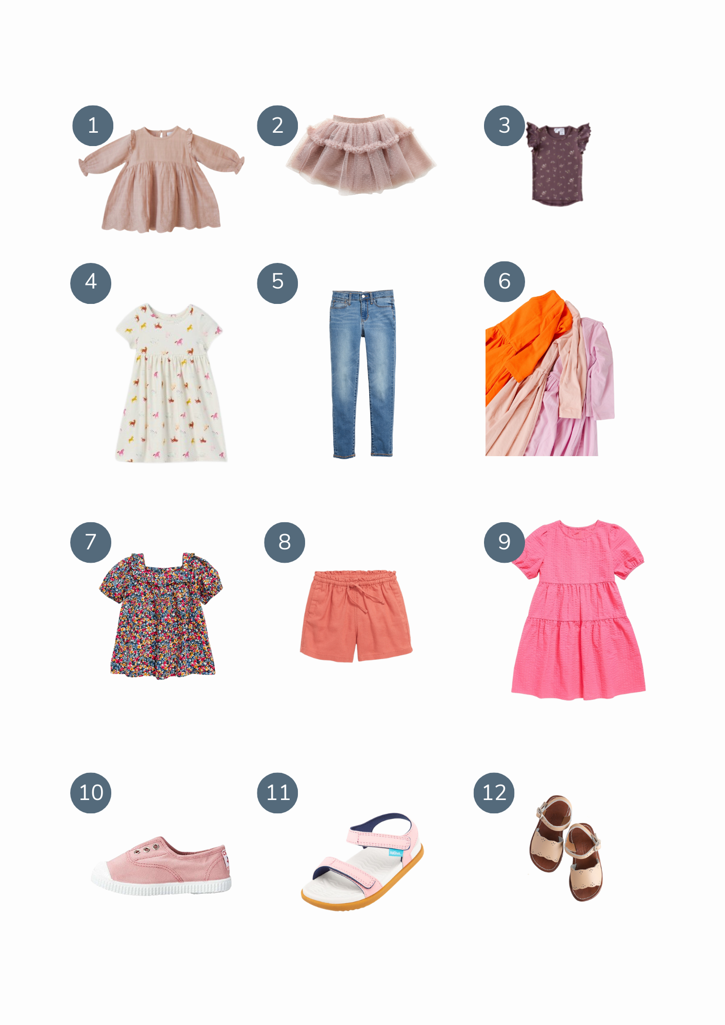 collage of bright colored clothing and shoes for little girls